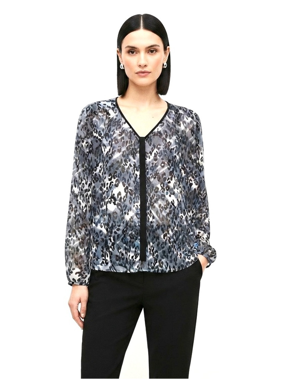 CAbi 997 Leopard Print Blue Black & White Light V Neck Semi Sheer Button Blouse